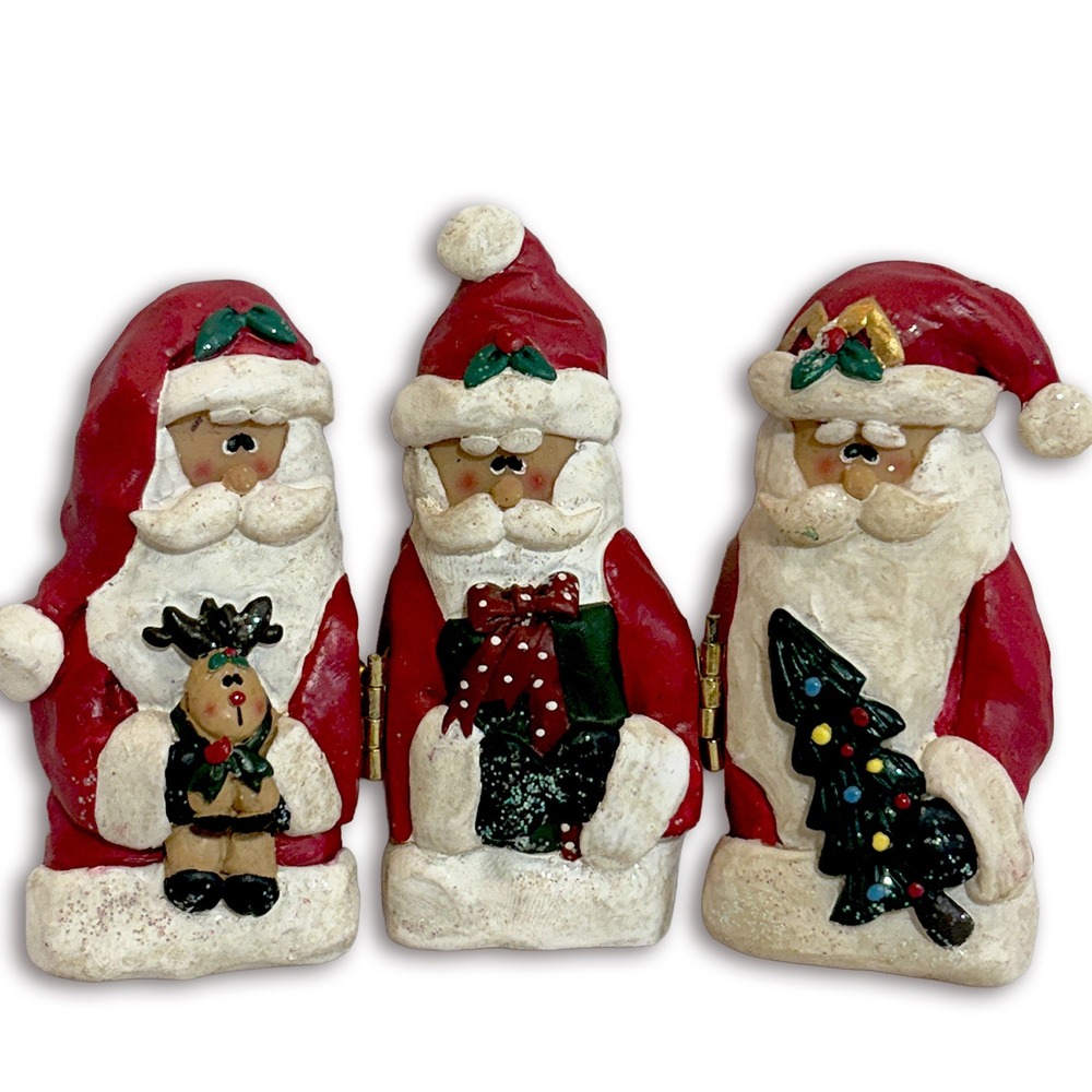Santa Claus Trio Hinged Hand Made Vintage 1998 Panel Figurine Set Holiday Decor